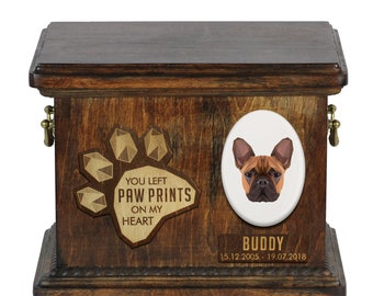 Urn for dog ashes with ceramic plate and sentence - Geometric French Bulldog, ART-DOG. Cremation box, Custom urn.
