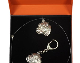NEW, Bullmastiff, dog keyring and necklace in casket, PRESTIGE set, limited edition, ArtDog . Dog keyring for dog lovers