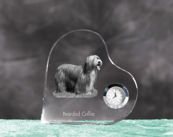 Bearded Collie- crystal clock in the shape of a heart with the image of a pure-bred dog.