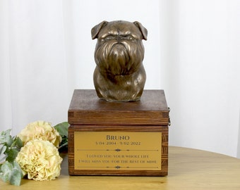 Brussels Griffon urn for dog's ashes, Urn with engraving and sculpture of a dog, Urn with dog statue and engraving, Custom urn for a dog
