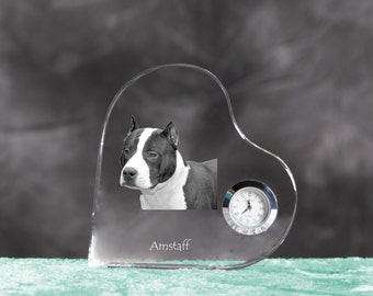 American Staffordshire Terrier- crystal clock in the shape of a heart with the image of a pure-bred dog.