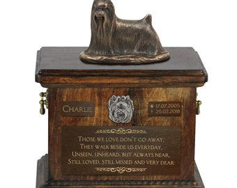 Yorkshire Terrier - Exclusive Urn for dog ashes with a statue, relief and inscription. ART-DOG. Cremation box, Custom urn.