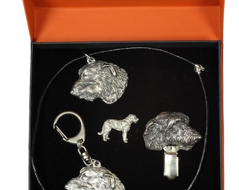 NEW, Irish Wolfhound, dog keyring, necklace, pin and clipring in casket, PRESTIGE set, limited edition, ArtDog . Dog keyring for dog lovers
