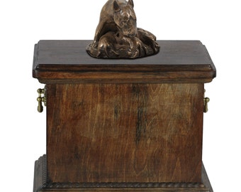 Urn for dog’s ashes with a Bull Terrier mum statue, ART-DOG Cremation box, Custom urn.