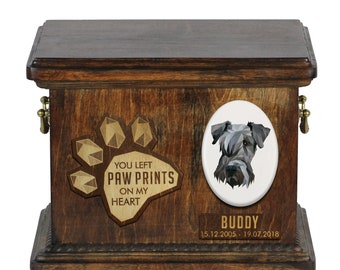 Urn for dog ashes with ceramic plate and sentence - Geometric Cesky Terrier, ART-DOG. Cremation box, Custom urn.