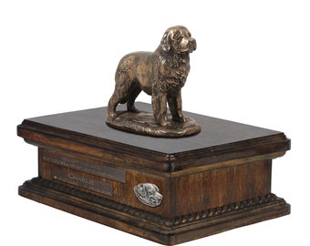 Exclusive Urn for dog ashes with a Newfoundland statue, relief and inscription. ART-DOG. New model. Cremation box, Custom urn.