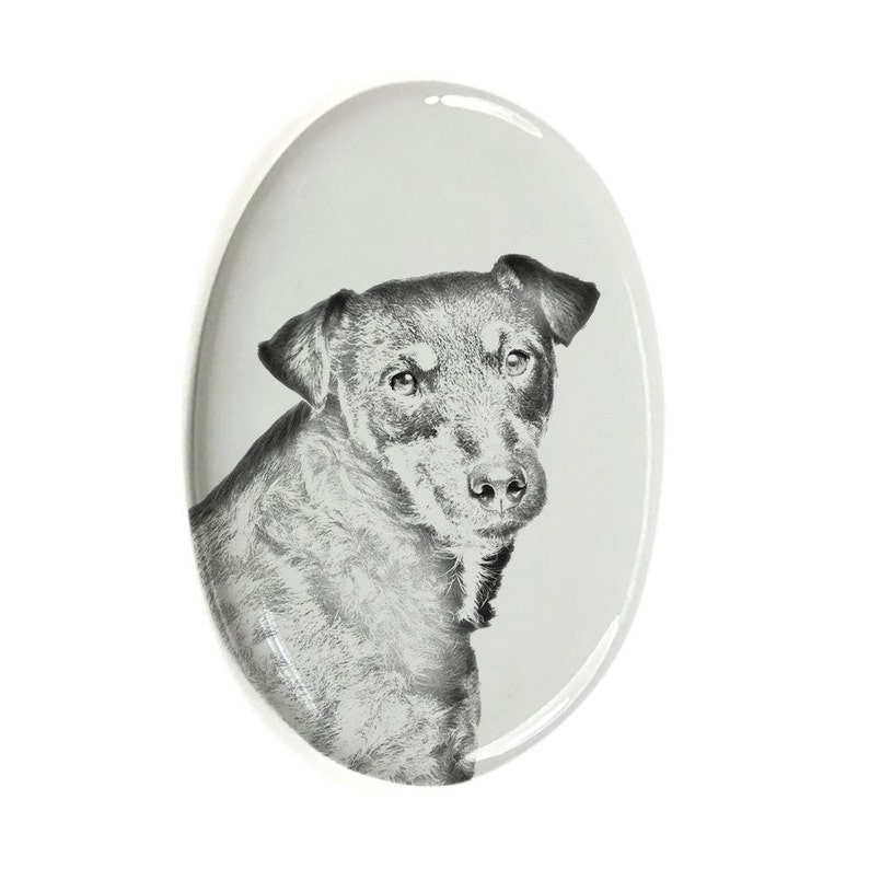 Gravestone oval ceramic tile with an image of a dog. Jagdterrier