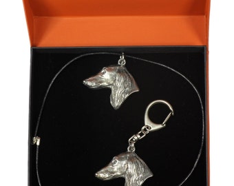 NEW, Saluki, Royal of Egypt and Persian Greyhound, Gazelle Hound, dog keyring and necklace in casket, PRESTIGE set, limited edition, ArtDog