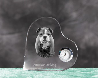 American Bulldog - crystal clock in the shape of a heart with the image of a pure-bred dog.