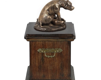 Urn for dog’s ashes with a Staffordshire Bull Terrier mum statue, ART-DOG Cremation box, Custom urn.