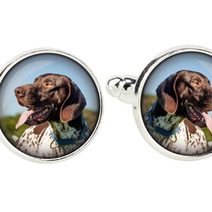 May include: A pair of silver cufflinks with a round, clear glass insert featuring a brown and white German Shorthaired Pointer dog with its tongue sticking out.