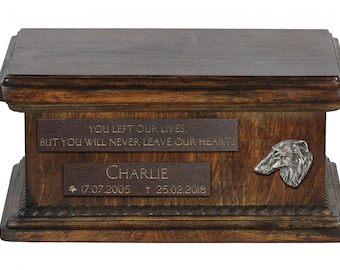 Urn for dog’s ashes with relief and sentence with your dog name and date - Borzoi, Russian Wolfhound, ART-DOG. Low model.