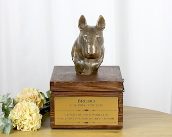 Bull Terrier small urn for dog's ashes, Urn with engraving and sculpture of a dog, Urn with dog statue and engraving, Custom urn for a dog