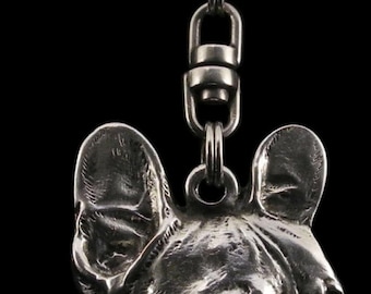 French Bulldog Keychain, Silver Plated Head Keyring, Gift for Dog Lovers, Art-Dog