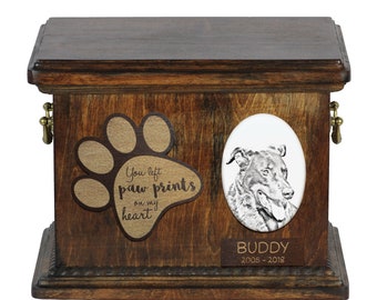Urn for dog’s ashes with ceramic plate and description - Beauceron, ART-DOG Cremation box, Custom urn.