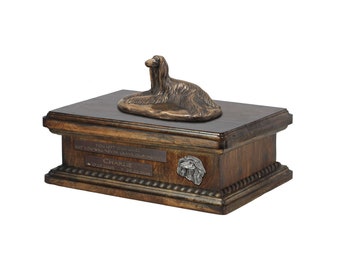 Exclusive Urn for dog ashes with a Afghan Hound statue, relief and inscription. ART-DOG. New model. Cremation box, Custom urn.