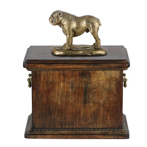 Urn for dog’s ashes with a English Bulldog statue, ART-DOG Cremation box, Custom urn.