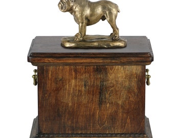 Urn for dog’s ashes with a English Bulldog statue, ART-DOG Cremation box, Custom urn.