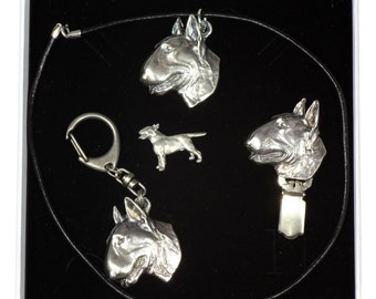 NEW, Bull Terrier, dog keyring, necklace, pin and clipring in casket, ELEGANCE set, limited edition, ArtDog . Dog keyring for dog lovers
