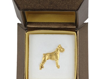 NEW, Boxer, dog pin, in casket, gold plated, limited edition, ArtDog