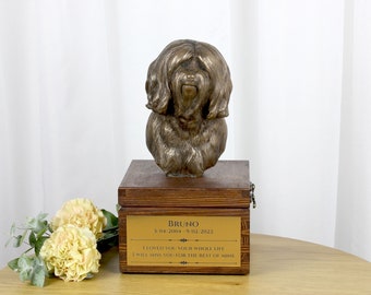 Tibetan Terrier urn for dog's ashes, Urn with engraving and sculpture of a dog, Urn with dog statue and engraving, Custom urn for a dog