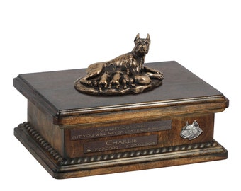 Exclusive Urn for dog ashes with a Boxer mother statue, relief and inscription. ART-DOG. New model. Cremation box, Custom urn.