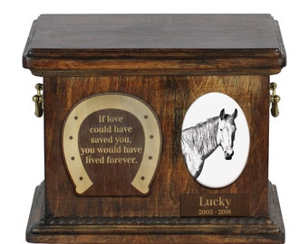 Urn for horse ashes with ceramic plate and sentence - Namib Desert Horse, ART-DOG. Cremation box, Custom urn.