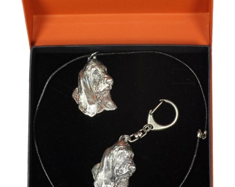 NEW, Basset Hound, dog keyring and necklace in casket, PRESTIGE set, limited edition, ArtDog . Dog keyring for dog lovers