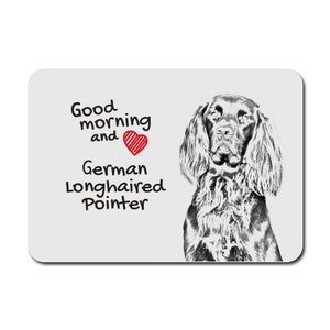 Op de afbeelding: Een zwart-witte illustratie van een Duitse Langhaar met de tekst "Good morning and" en een rood hart. De tekst "German Longhaired Pointer" staat onder het hart.