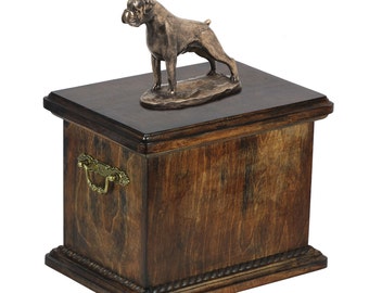 Urn for dog’s ashes with a Boxer uncropped statue, ART-DOG Cremation box, Custom urn.