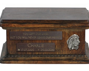 Urn for dog’s ashes with relief and sentence with your dog name and date - Basset Hound, ART-DOG. Low model. Cremation box, Custom urn.
