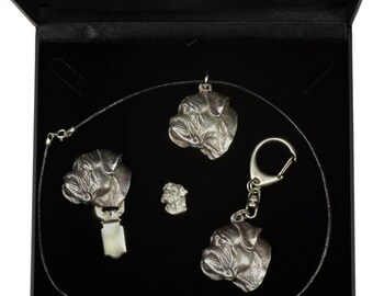 NEW, Bullmastiff, dog keyring, necklace, pin and clipring in casket, DELUXE set, limited edition, ArtDog . Dog keyring for dog lovers