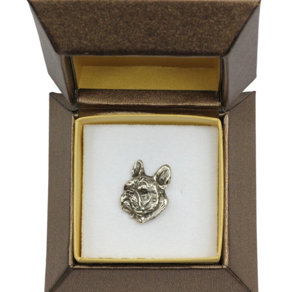 NEW, French Bulldog (head), dog pin, in casket, limited edition, ArtDog