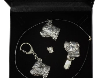 NEW, Staffordshire Bull Terrier, dog keyring, necklace, pin and clipring in casket, DELUXE set, limited edition, ArtDog