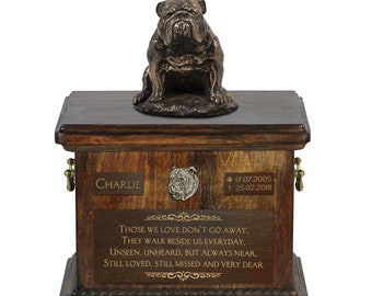 English Bulldog sitting - Exclusive Urn for dog ashes with a statue, relief and inscription. ART-DOG. Cremation box, Custom urn.