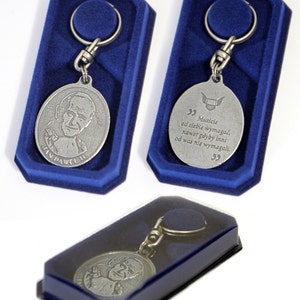 Pope John Paul II - silver plated, patina coated keyring coming in an elegant box.