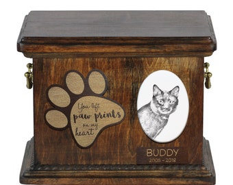 Urn for cat ashes with ceramic plate and sentence - Kurilian Bobtail, ART-DOG Cremation box, Custom urn.