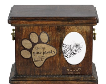 Urn for cat ashes with ceramic plate and sentence - Bengal, ART-DOG Cremation box, Custom urn.