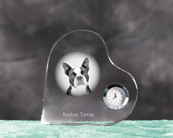 Boston Terrier- crystal clock in the shape of a heart with the image of a pure-bred dog.