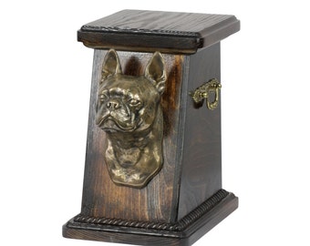 Urn for dog’s ashes with a Boston Terrier statue, ART-DOG Cremation box, Custom urn.