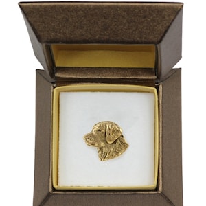 NEW, Golden Retriever, dog pin, in casket, gold plated, limited edition, ArtDog