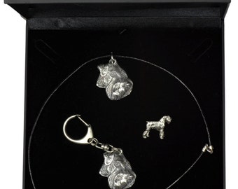 NEW, Schnauzer, dog keyring, necklace and pin in casket, DELUXE set, limited edition, ArtDog . Dog keyring for dog lovers