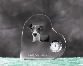 Italian Greyhound- crystal clock in the shape of a heart with the image of a pure-bred dog.