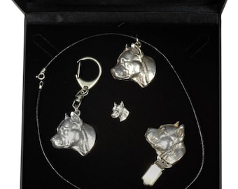 NEW, American Staffordshire Terrier, dog keyring, necklace, pin and clipring in casket, DELUXE set, limited edition, ArtDog