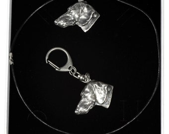 NEW, Teckel (no coat), Dachshund smoothhaired, dog keyring and necklace in casket, ELEGANCE set, limited edition, ArtDog