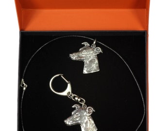 NEW, Whippet, dog keyring and necklace in casket, PRESTIGE set, limited edition, ArtDog . Dog keyring for dog lovers