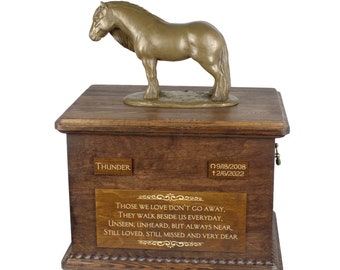 Fell ponny mare Big Urn for Horse Ashes, Urn with Name, Dates and Quote, Memorial with Statue on Top, Wooden Urn, Customizable Urn for horse