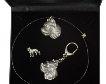 NEW, Cane Corso, dog keyring, necklace and pin in casket, DELUXE set, limited edition, ArtDog . Dog keyring for dog lovers