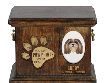 Urn for dog ashes with ceramic plate and sentence - Geometric Lhasa Apso, ART-DOG. Cremation box, Custom urn.