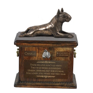Bull Terrier lying - Exclusive Urn for dog ashes with a statue, relief and inscription. ART-DOG. Cremation box, Custom urn.